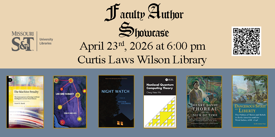 A two tone background. Top is parchment color and bottom is slate gray. On top is the Missouri S&T University Libraries logo in charcoal on the left centered around the text 