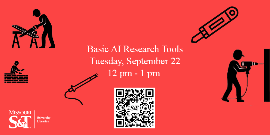 Basic construction tools around an orange background with the center saying Basic AI Research Tools
