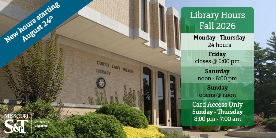 The background is Curtis Laws Wilson Library front courtyard. A blue banner in the top left with they text, 