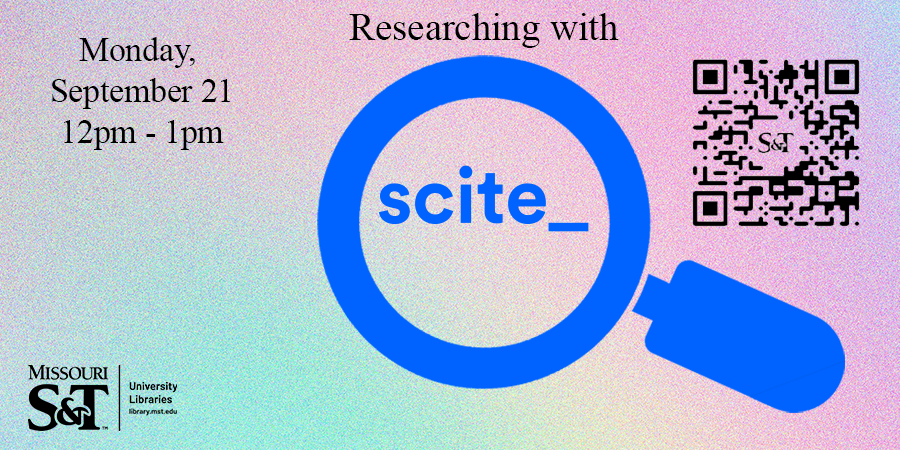Pearlescent background. Researching with scite in the center with a blue magnifying glass around scite
